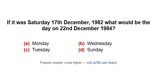 If it was Saturday 17th December, 1982 what would be the day on 22nd December 1984?