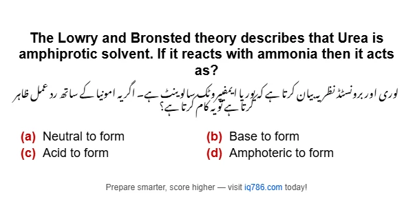 The Lowry and Bronsted theory describes that Urea is amphiprotic solvent. If it reacts with ammonia then it acts as?