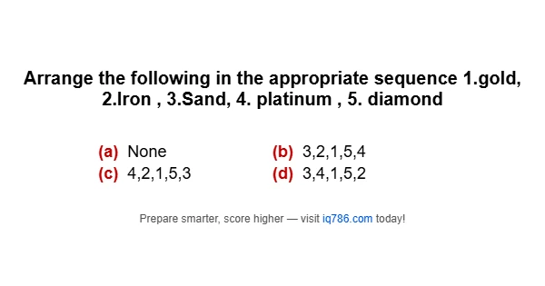 Arrange the following in the appropriate sequence 1.gold, 2.Iron , 3.Sand, 4. platinum , 5. diamond